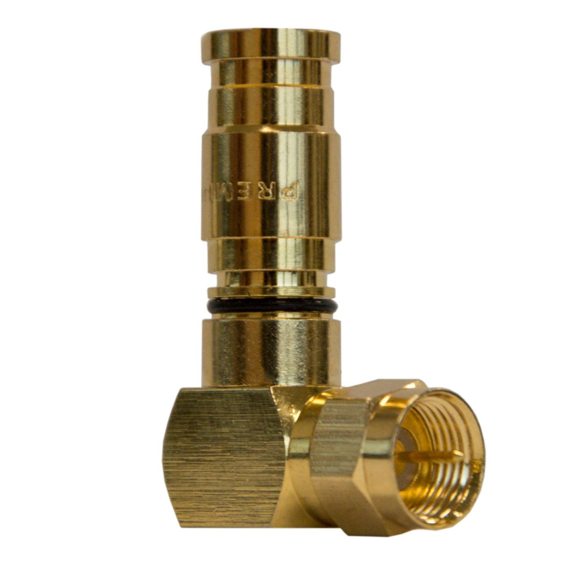 Ein abgewinkelter, goldfarbener Koaxialkabelstecker.