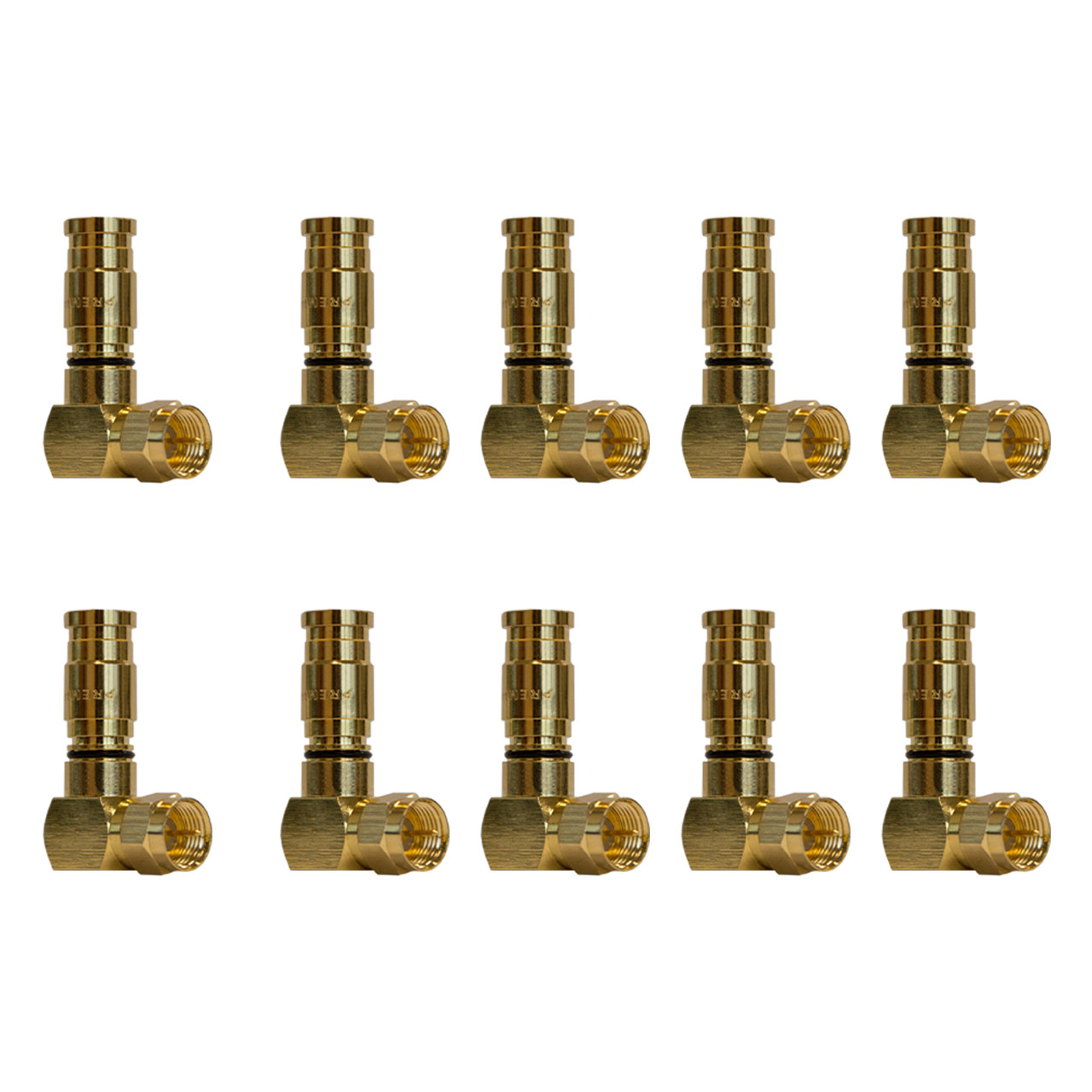Goldfarbene Winkelstecker. Acht Stecker in zwei Reihen angeordnet, auf weißem Hintergrund.