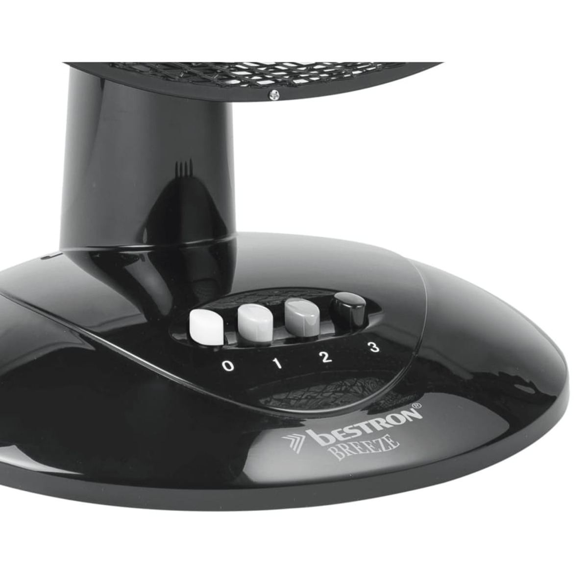 Base ventilatore nera con pulsanti di velocità: 0, 1, 2, 3. Etichetta Bestron Breeze.