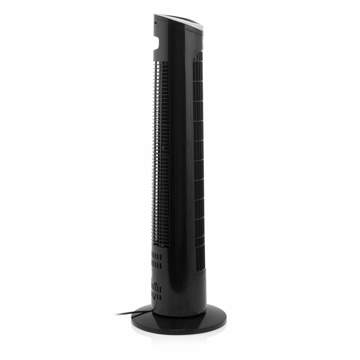 Zwarte torenventilator op een witte achtergrond, rechtop.