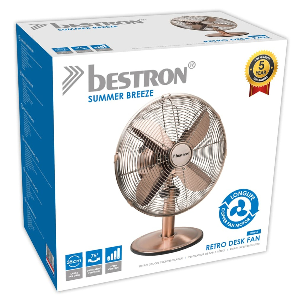 La scatola e il ventilatore. La scatola ha del testo. Il ventilatore è color rame con una griglia protettiva.