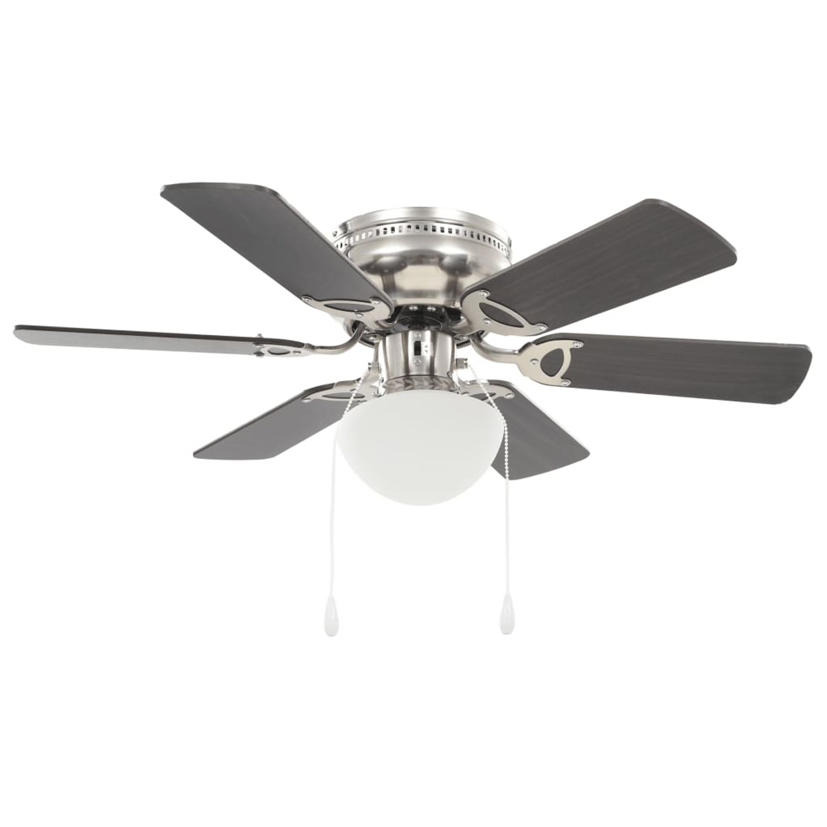 Ventilatore a soffitto con pale scure, una luce e un alloggiamento cromato.