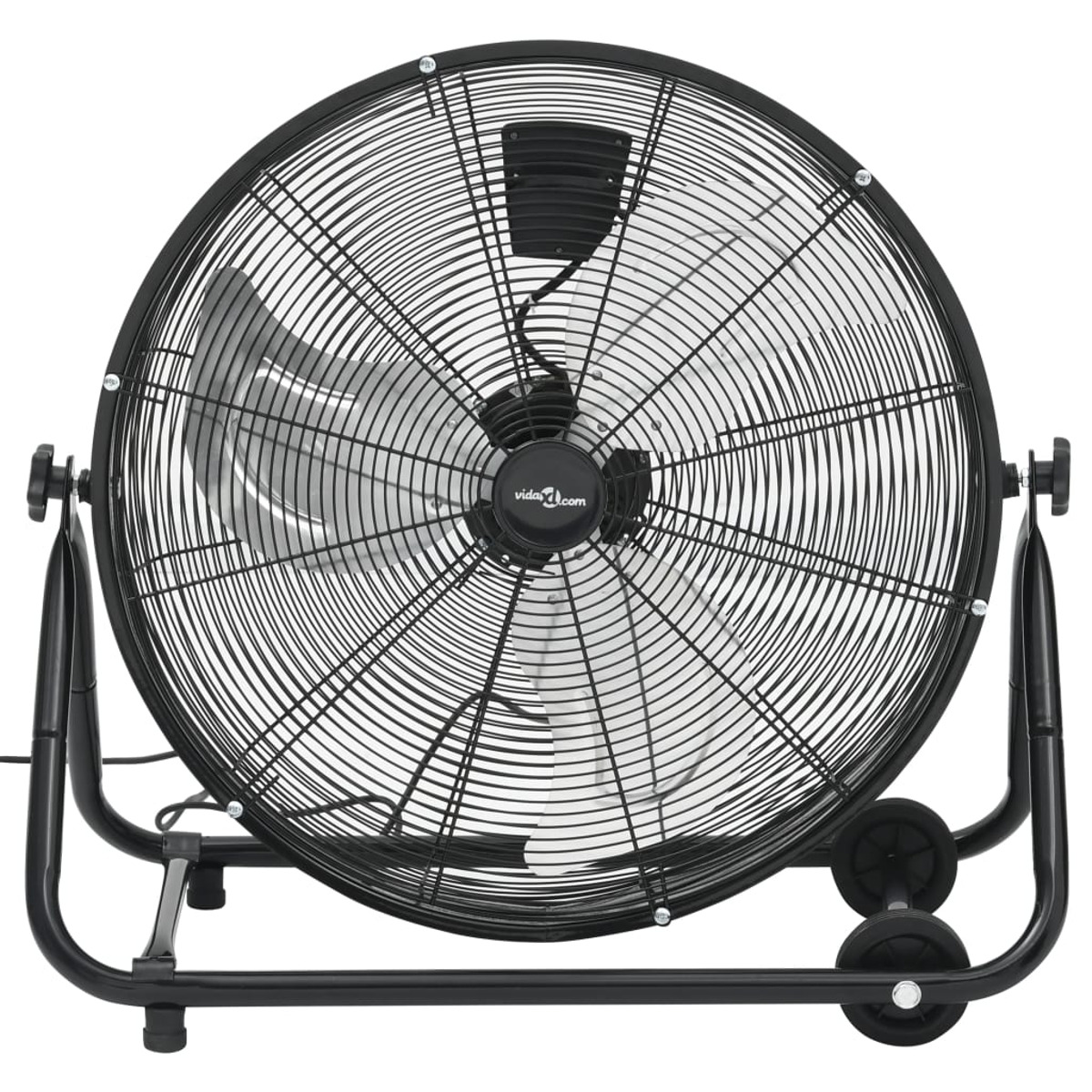 Schwarzer Industrieventilator mit rundem Käfig und Flügeln.