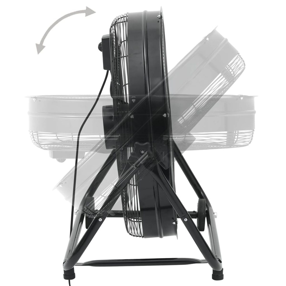 Schwarzer Industrieventilator mit kippbarem Kopf. Die Flügel sind sichtbar. Weißer Hintergrund.