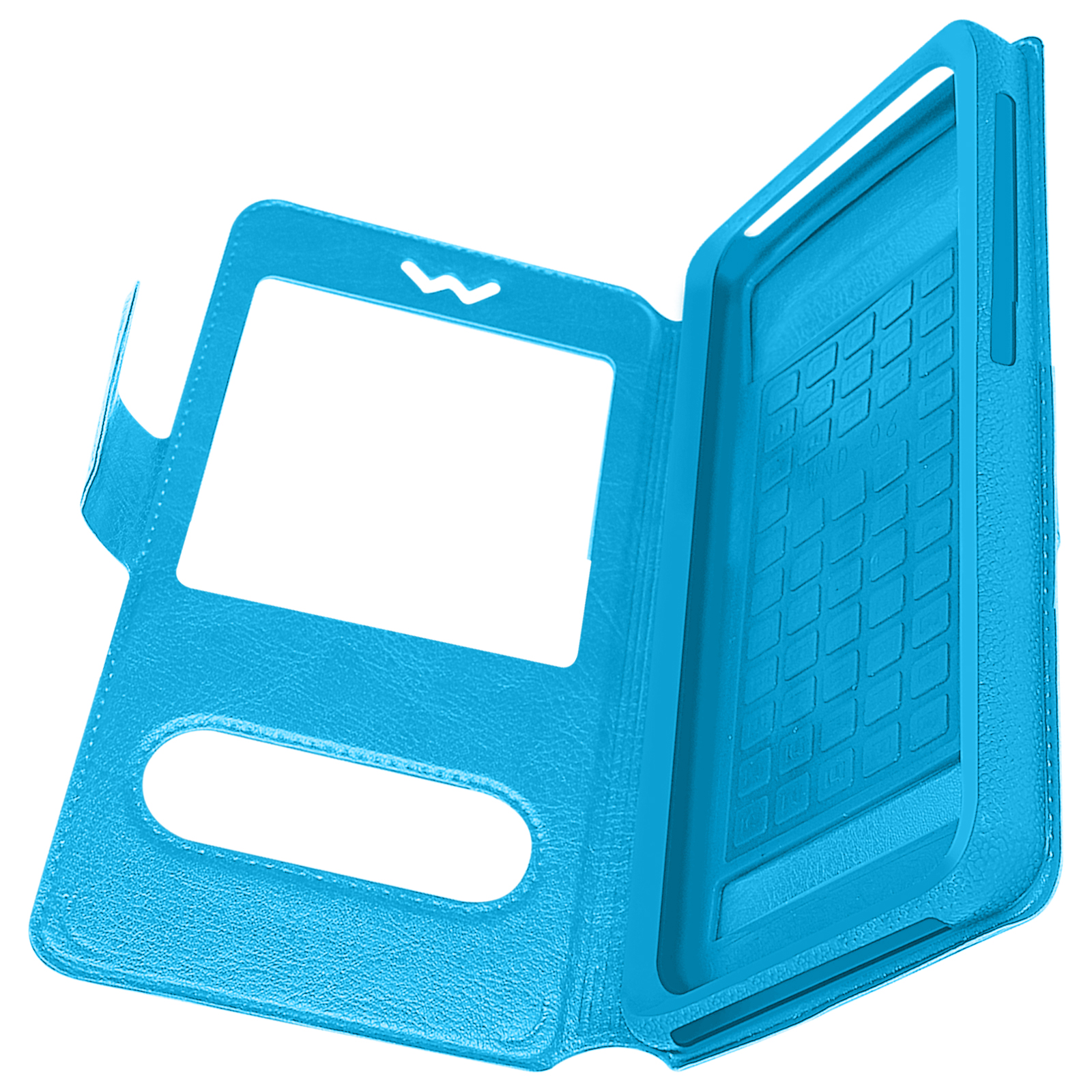 Una custodia per tablet blu aperta con tastiera all'interno. Sfondo bianco.