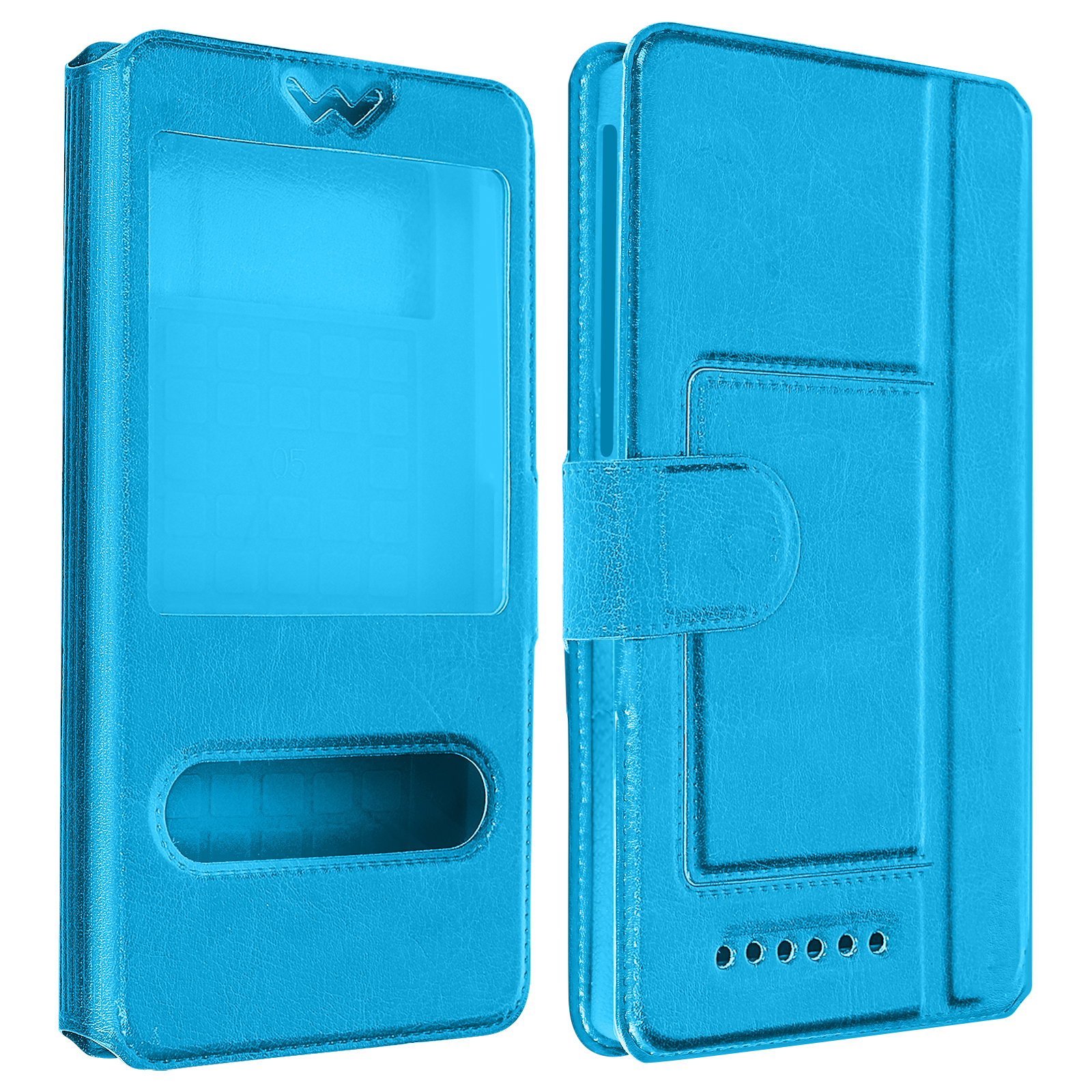 Custodia per tablet in pelle blu, aperta e chiusa. Ha una finestra e un bottone.