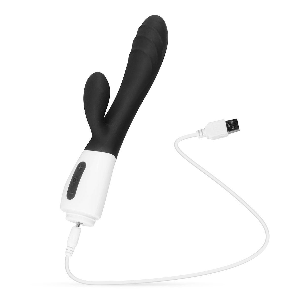 Schwarz-weißes Sexspielzeug mit einem USB-Ladekabel. Das Spielzeug ist auf weißem Hintergrund.