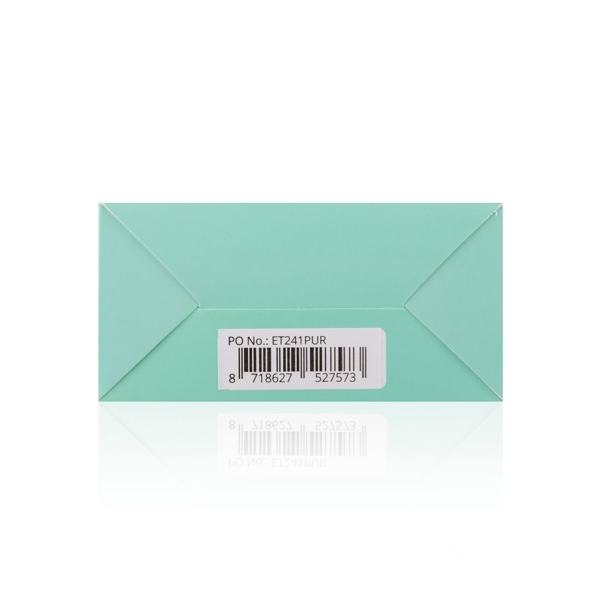 Türkisfarbene Box mit Produktetikett. Barcode und Text sind sichtbar. Weißer Hintergrund.