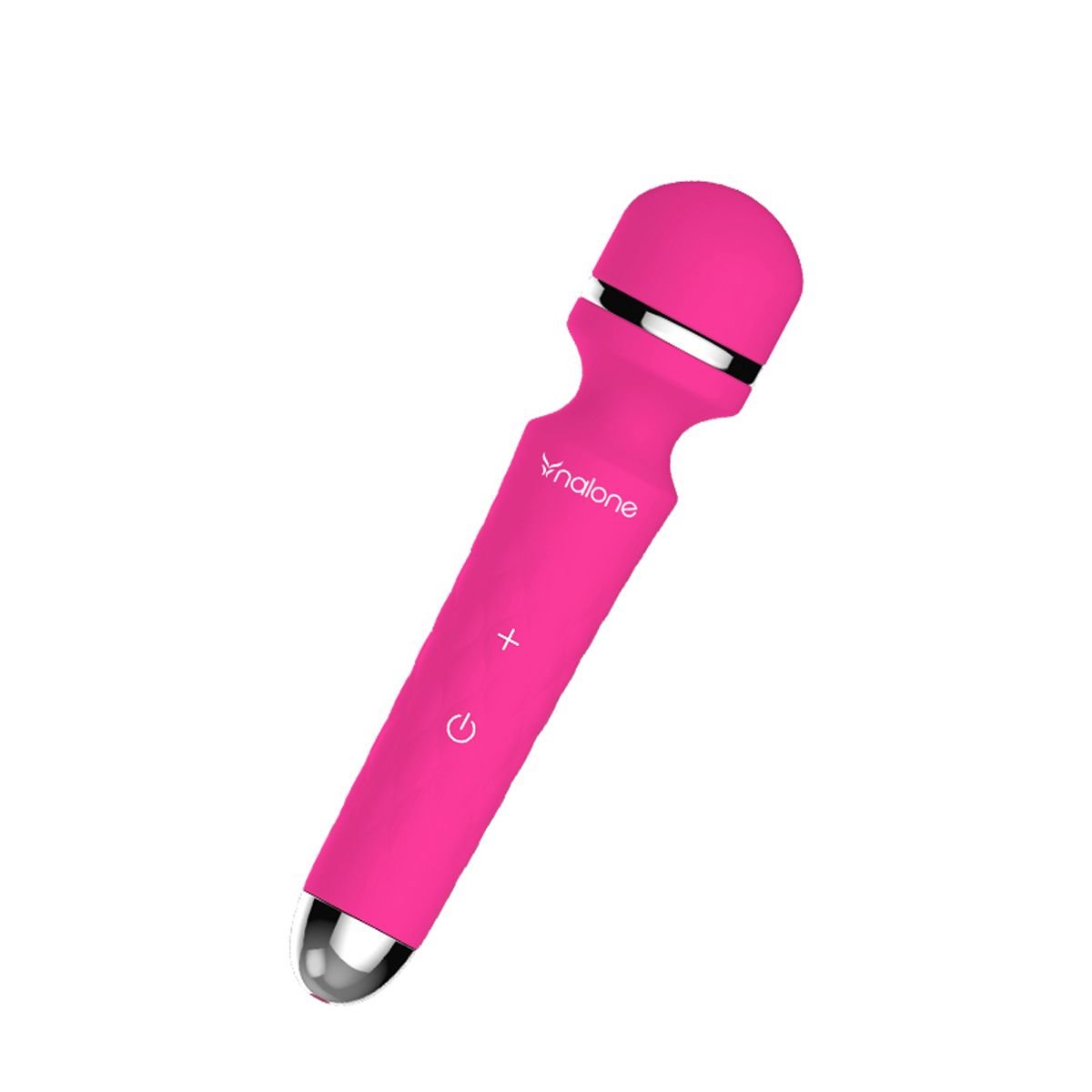 Un vibrador rosa con tapa plateada y botones de control.