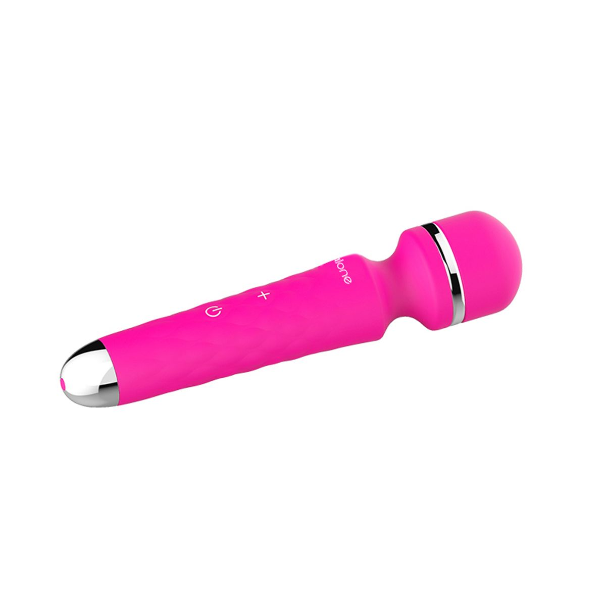 Un vibrador rosa con acentos plateados y botones de control.
