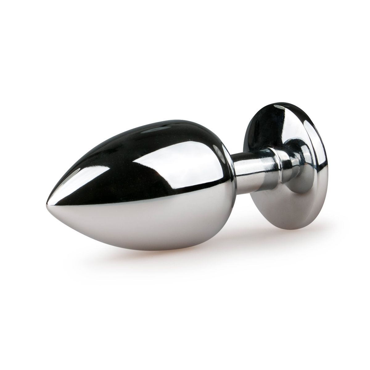 Ein silberner Anus-Plug, birnenförmig, mit ausgestelltem Fuß. Weißer Hintergrund mit Reflexionen.