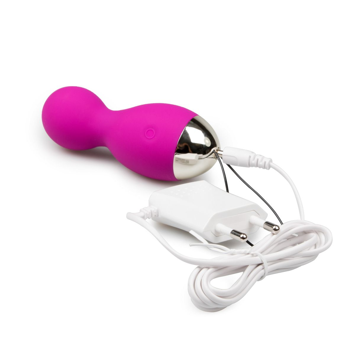 Un dispositivo de bienestar rosa en forma de pesa con tapa plateada sobre fondo blanco, conectado a un cable de carga.