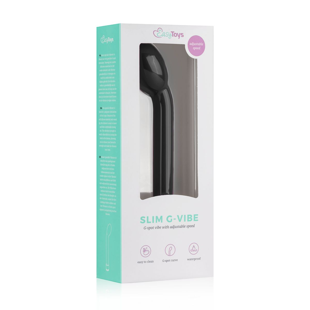 Eine weiße Schachtel mit einem schwarzen Vibrator darin, beschriftet mit 'SLIM G-VIBE'. Die Schachtel zeigt Produktdetails und Funktionen.