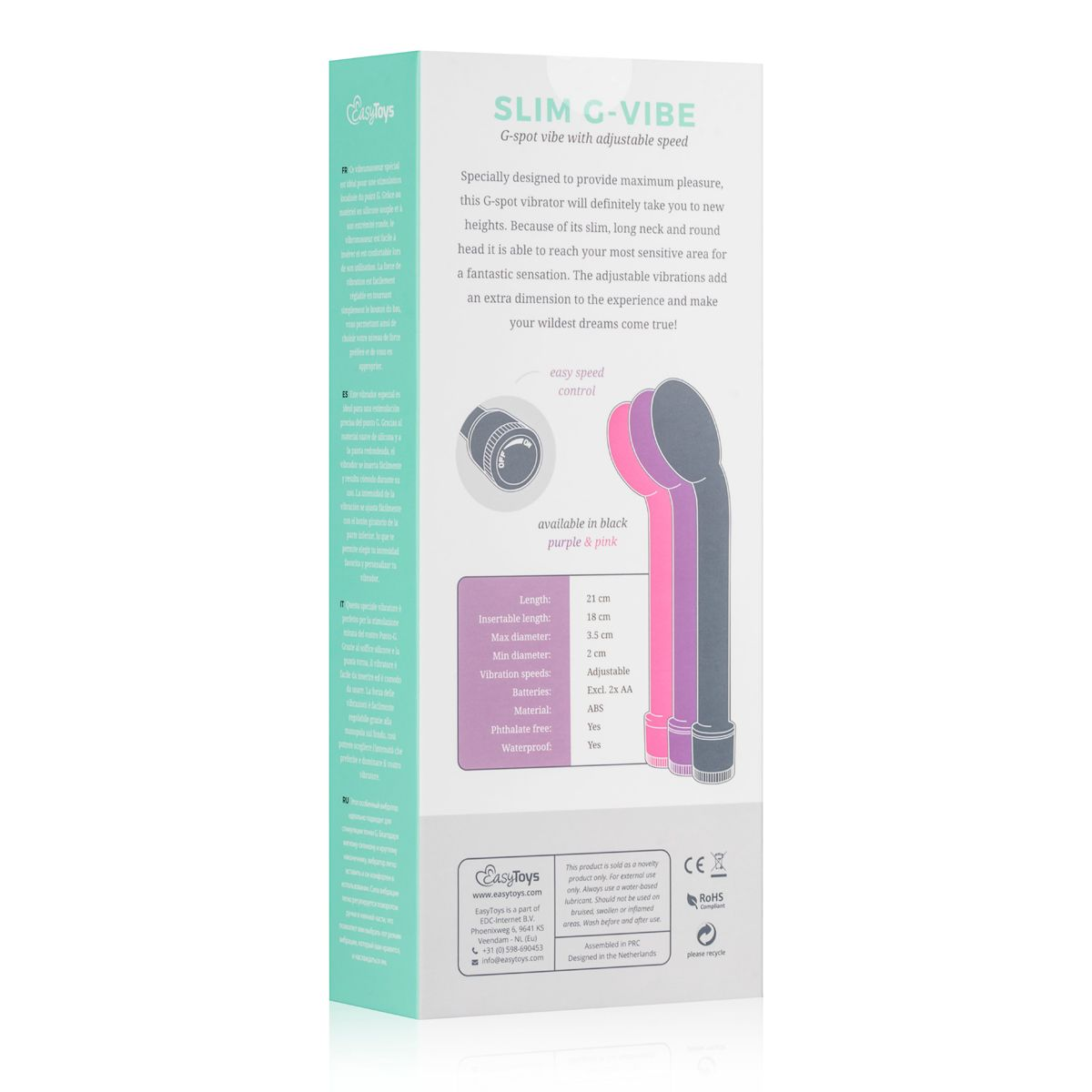Eine Produktverpackung mit Text und Diagrammen, die einen schlanken G-Vibe-Vibrator detaillieren.
