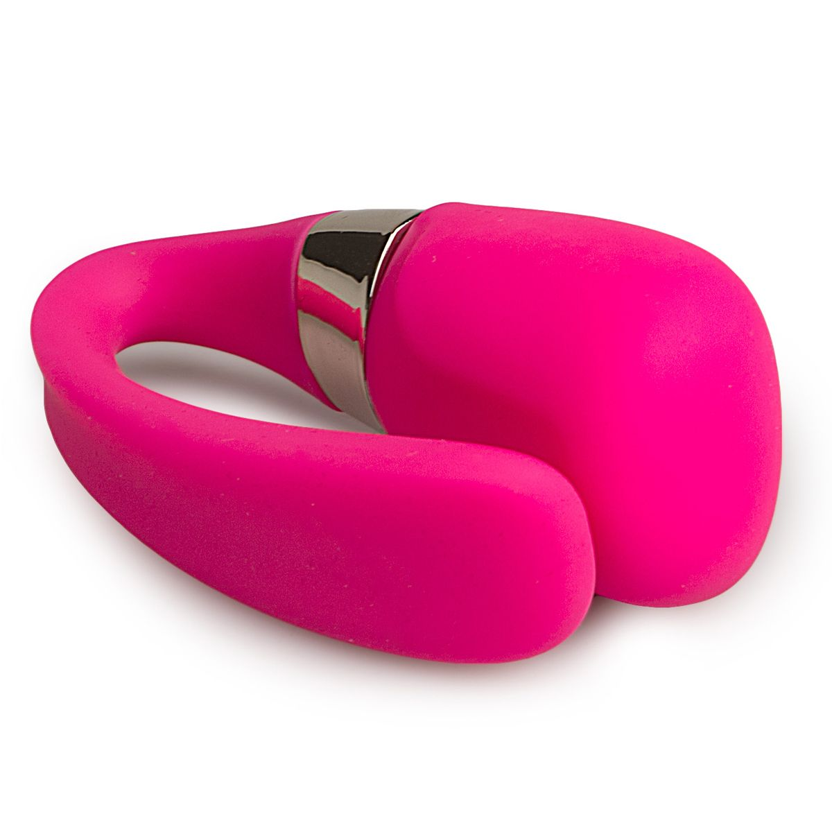 Rosa, U-förmiger Vibrator mit silbernem Band. Weißer Hintergrund.