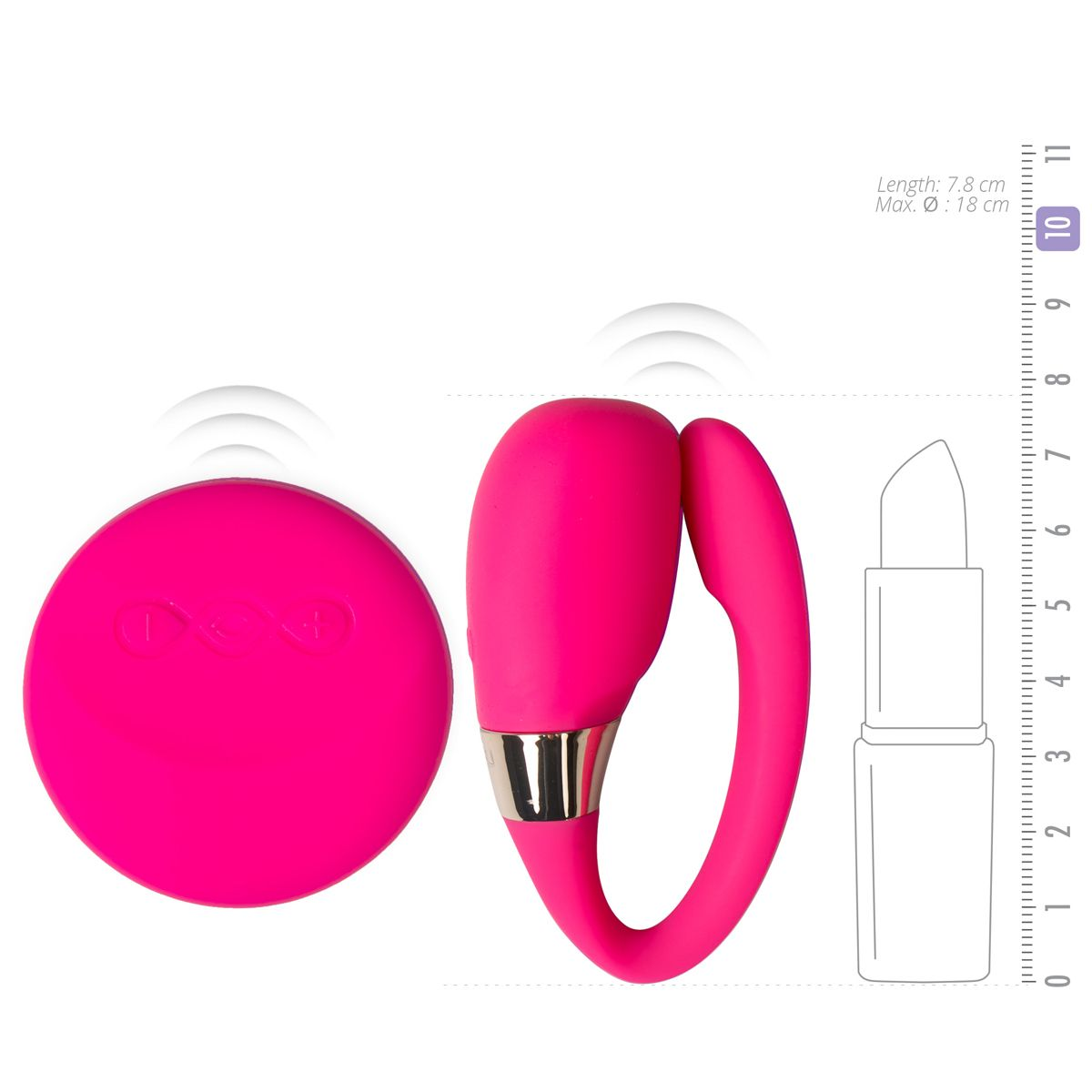 Rosa Sexspielzeug und Fernbedienung, mit Lippenstift-Umriss und Abmessungen.