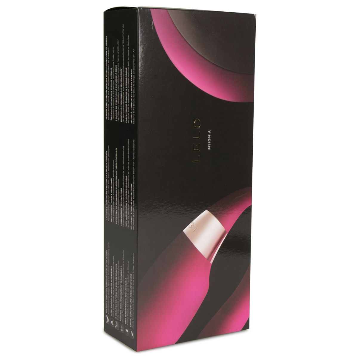 Lelo Insignia Box. Dunkelrosa und schwarzes Design mit Text.