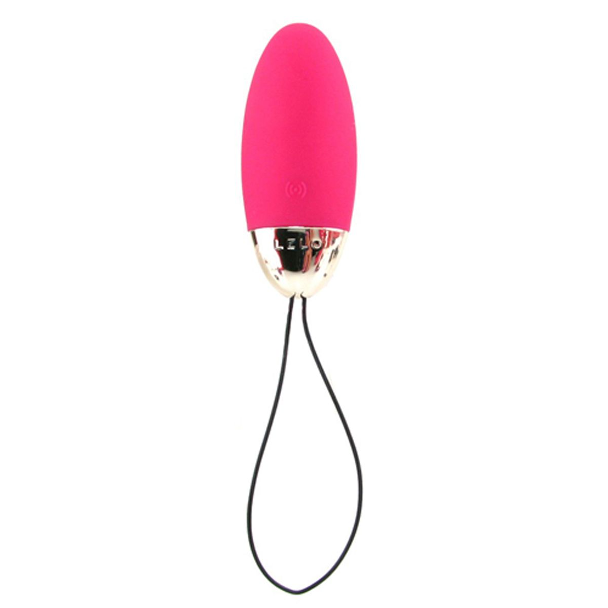 Un vibrador rosa con base dorada y un cordón negro, sobre un fondo blanco.