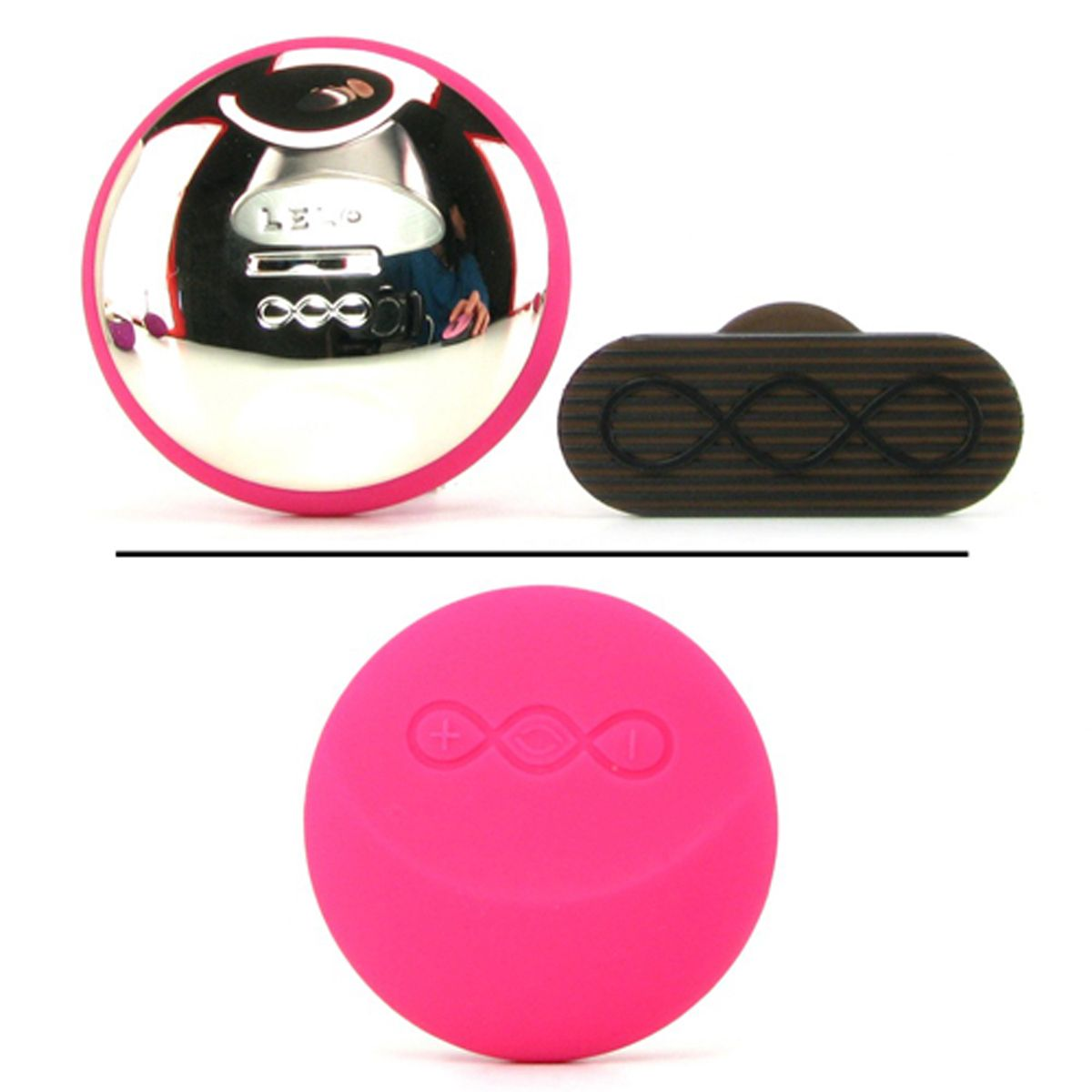 Un vibrador rosa, una esfera plateada y accesorios adicionales, sobre un fondo blanco.