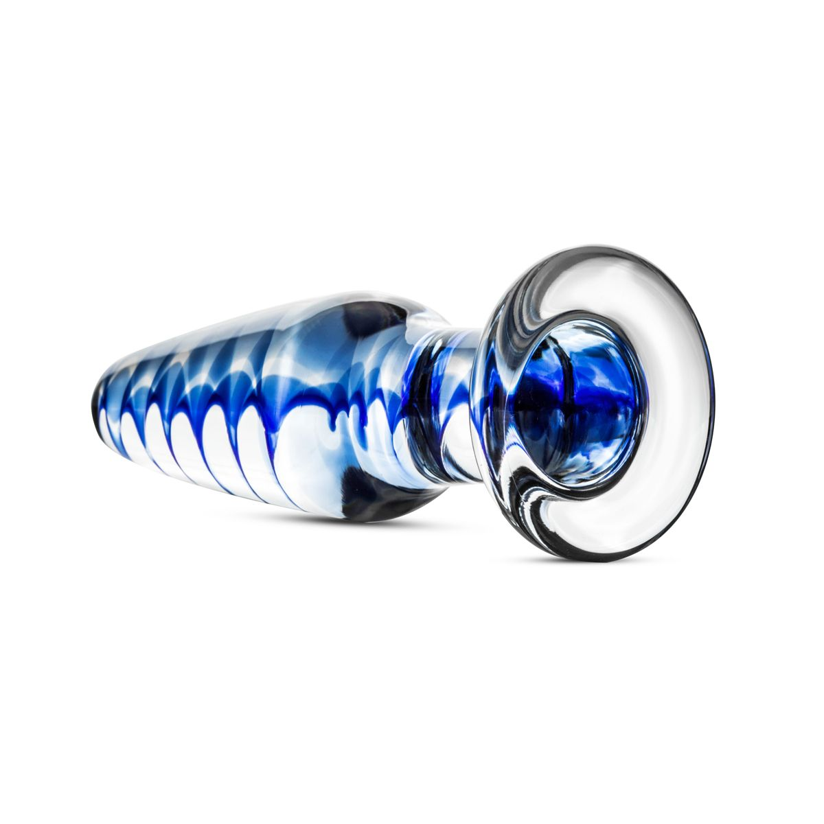 Glas-Butt-Plug mit blauen Wirbeln, klarer Rand.