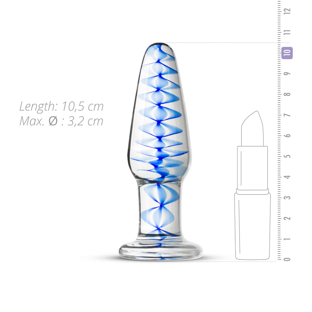 Ein Glas-Buttplug mit blauen Wirbeln. Der Text auf der Seite lautet: Länge: 10,5 cm, Max. Ø: 3,2 cm. Ein Lineal liegt daneben.