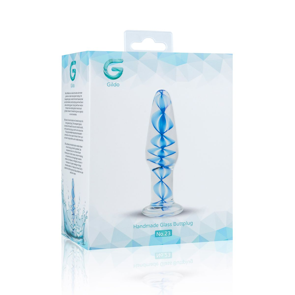 Glas-Buttplug mit blauen Wirbeln, in einer Box dargestellt. Die Box hat Text und ein Logo.