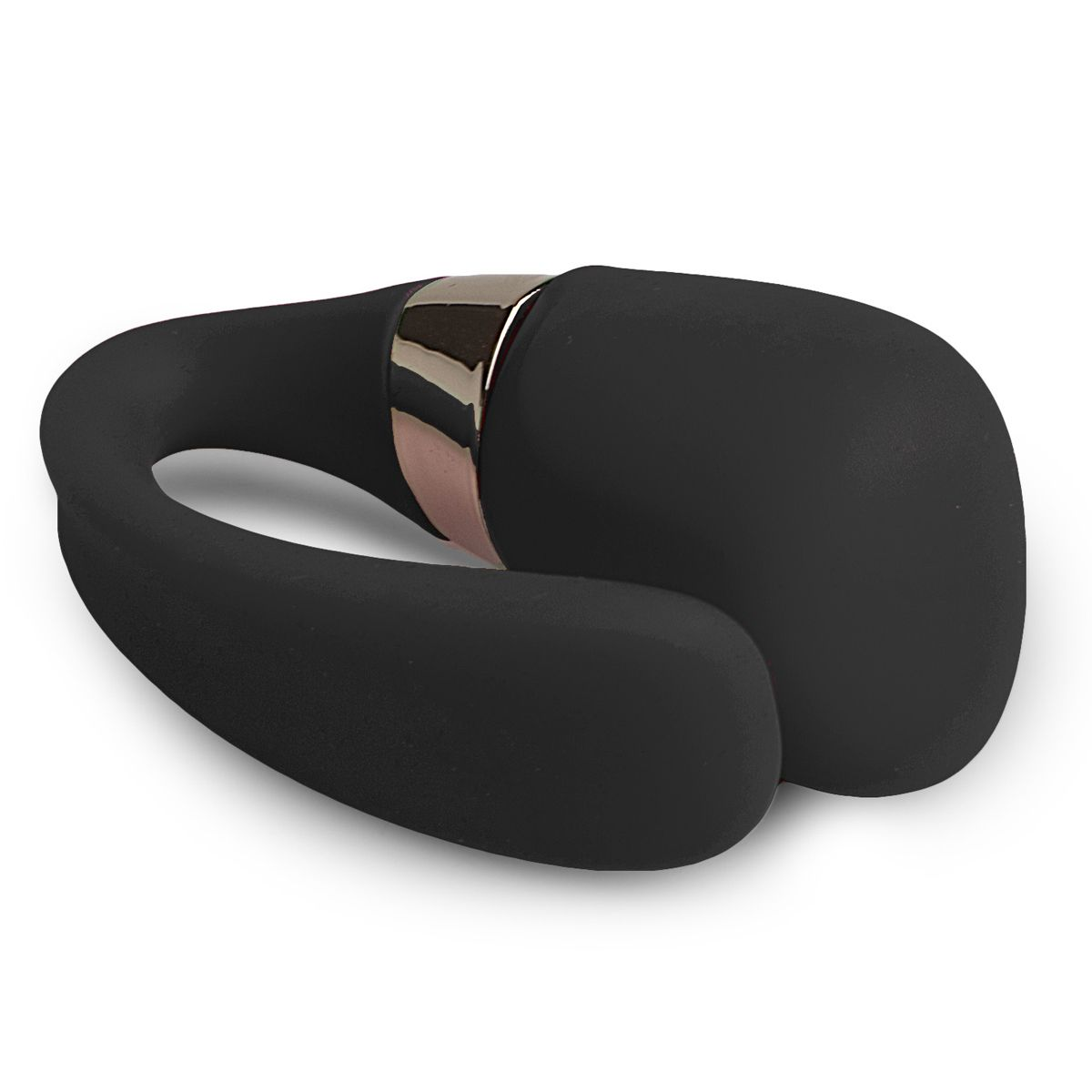 Un juguete sexual negro sobre una superficie blanca. Tiene un anillo de metal.