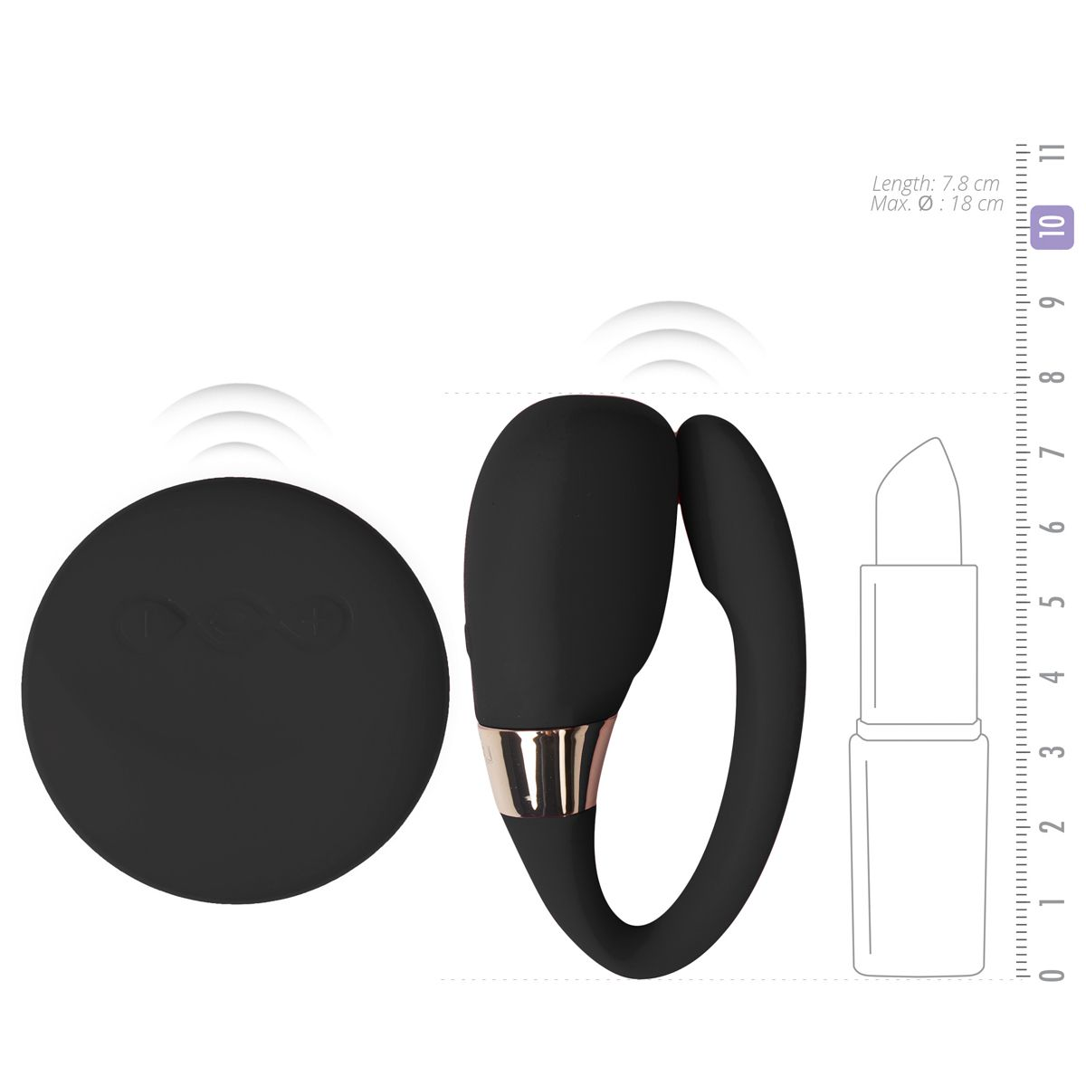 Vibrador negro con forma curvada. Mando negro y lápiz labial para comparación de tamaño.