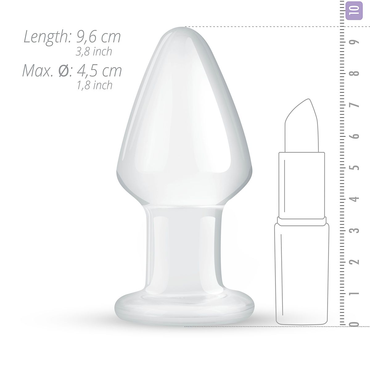 Transparenter Glas-Anus-Plug mit Maßen und einem Lippenstift zum Maßstab.