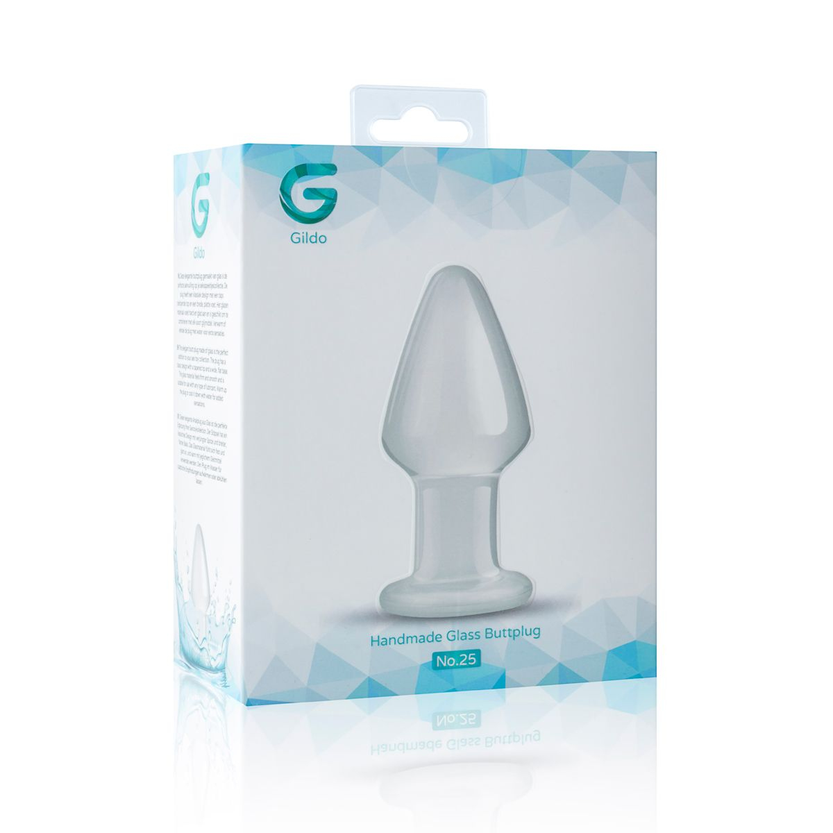 Ein weißer und klarer Glas-Butt-Plug in einer Schachtel. Die Schachtel hat Text und ein Bild des Plug.