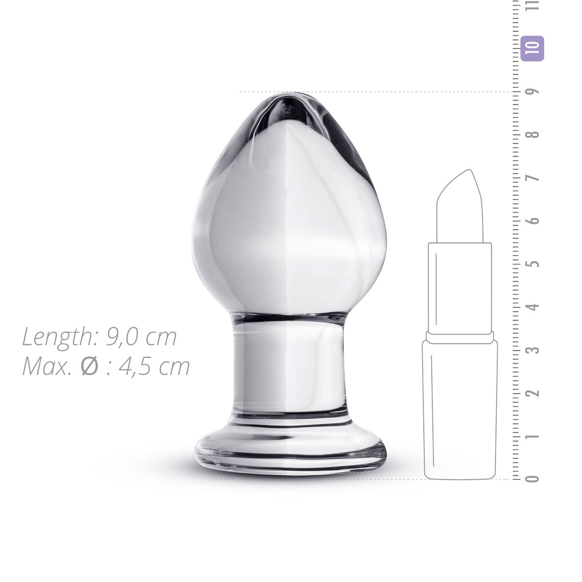 Ein klarer Glas-Buttplug neben einer Lippenstift-Umrisszeichnung. Länge 9 cm, max. Ø 4,5 cm.