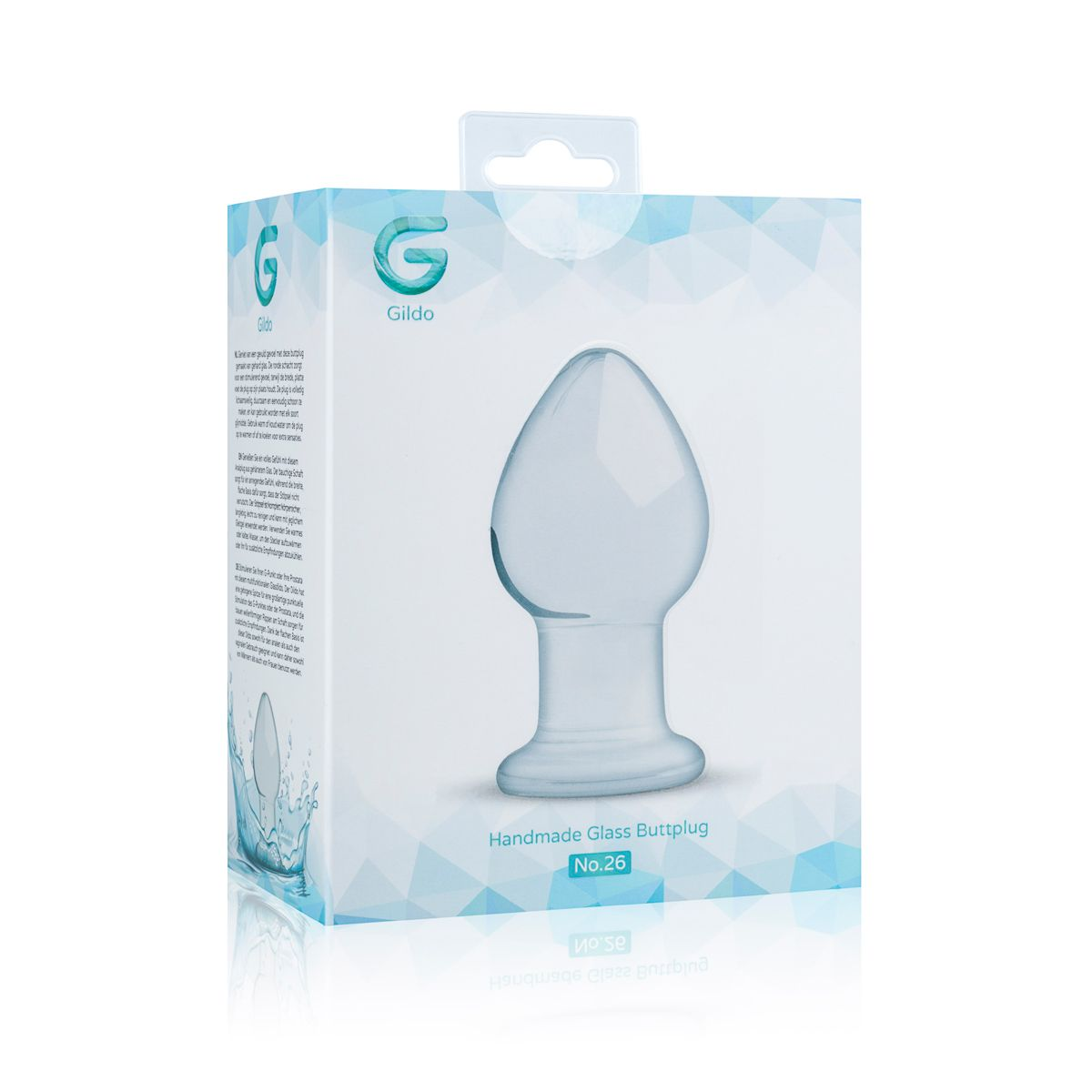 Eine weiße Schachtel mit einem Glas-Buttplug, beschriftet mit 'Handmade Glass Buttplug No.26'. Die Schachtel hat ein Fenster.