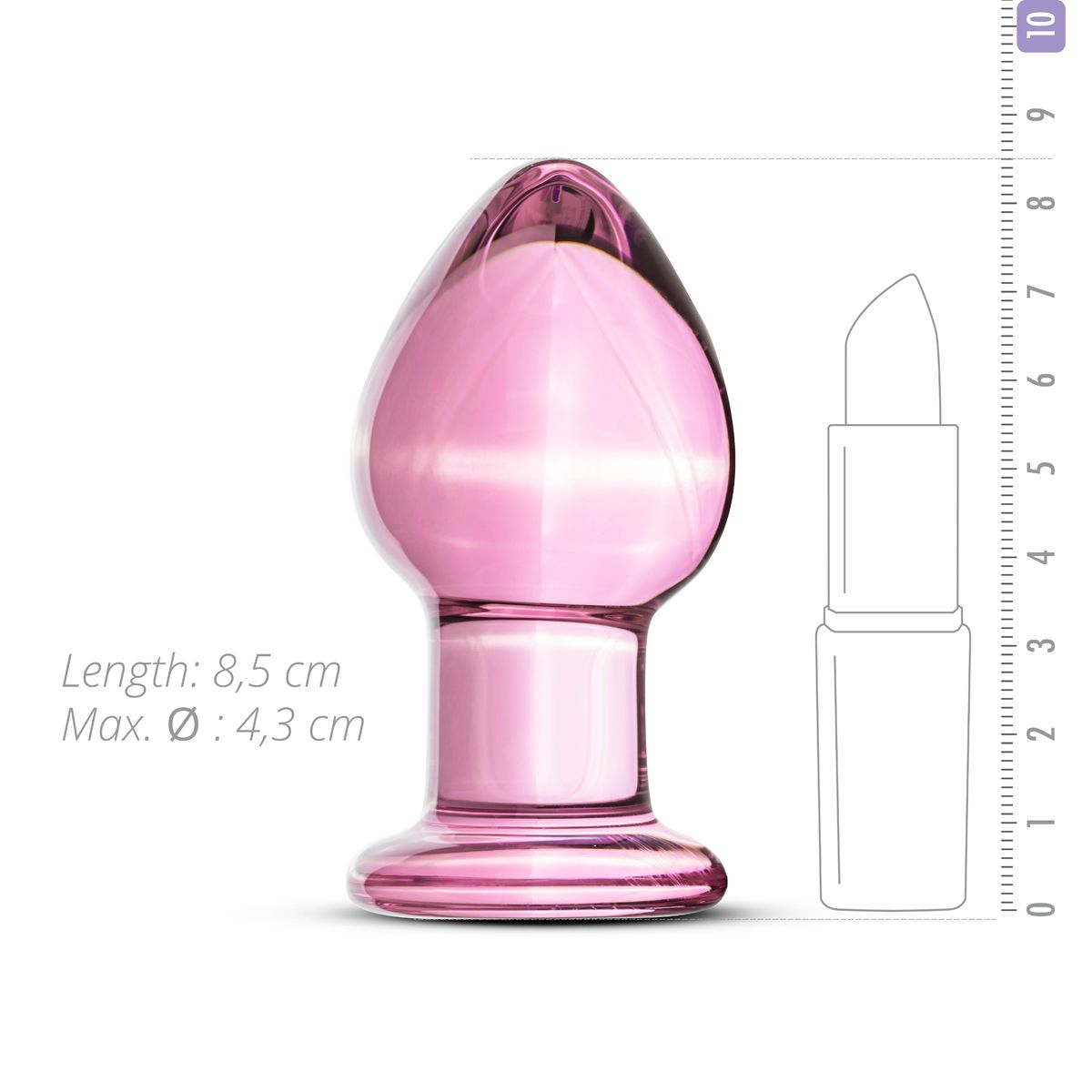 Rosa Glas-Butt-Plug neben einer Lippenstifthülse zum Größenvergleich. Der Plug ist glatt und konisch.