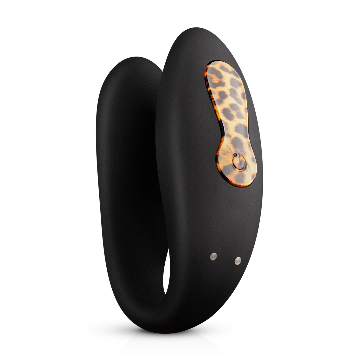 Schwarzer Vibrator mit Leopardenmuster und Ein-/Ausschalter.