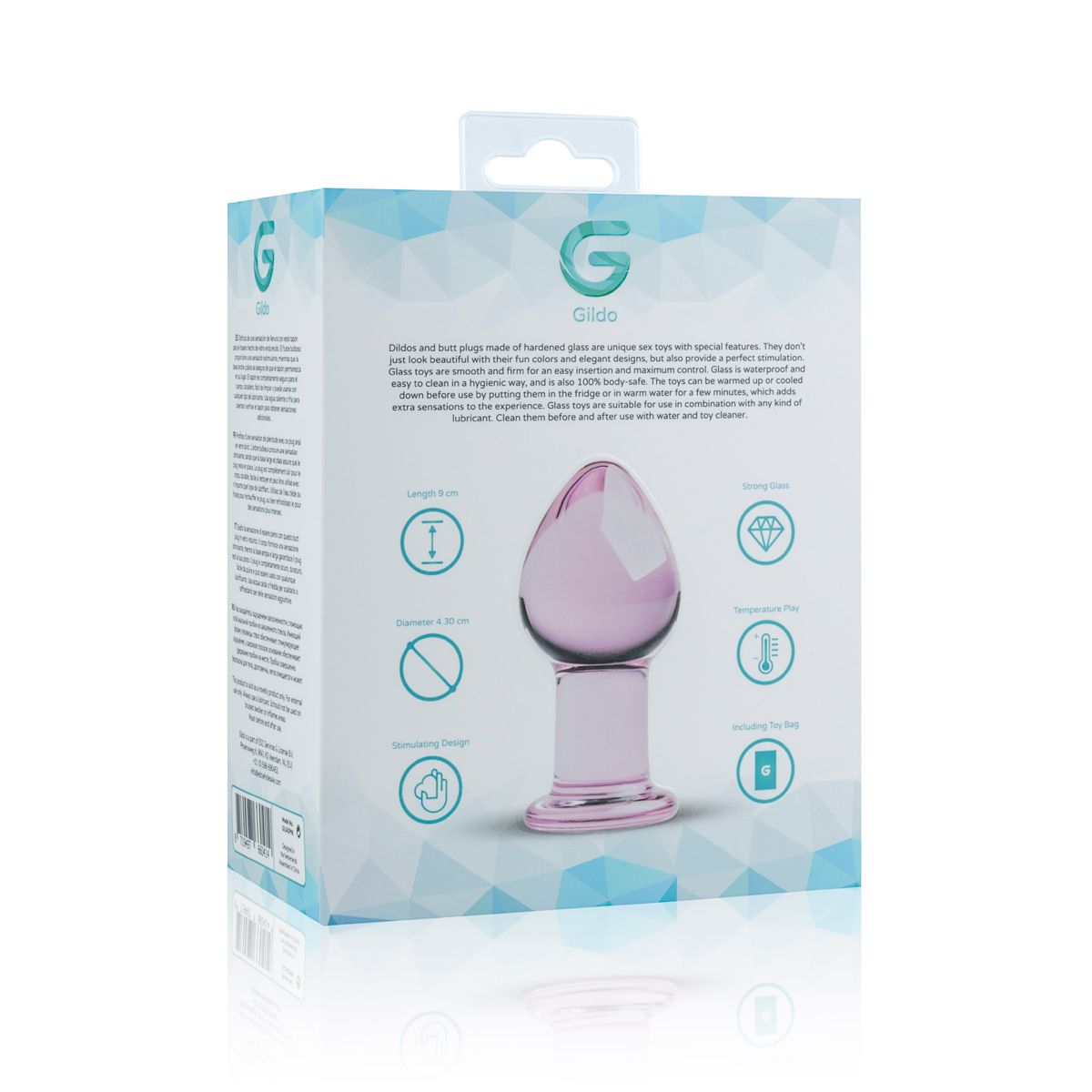 Ein rosa Glas-Buttplug wird auf einer weißen Schachtel mit Produktdetails und -merkmalen auf der Rückseite angezeigt.