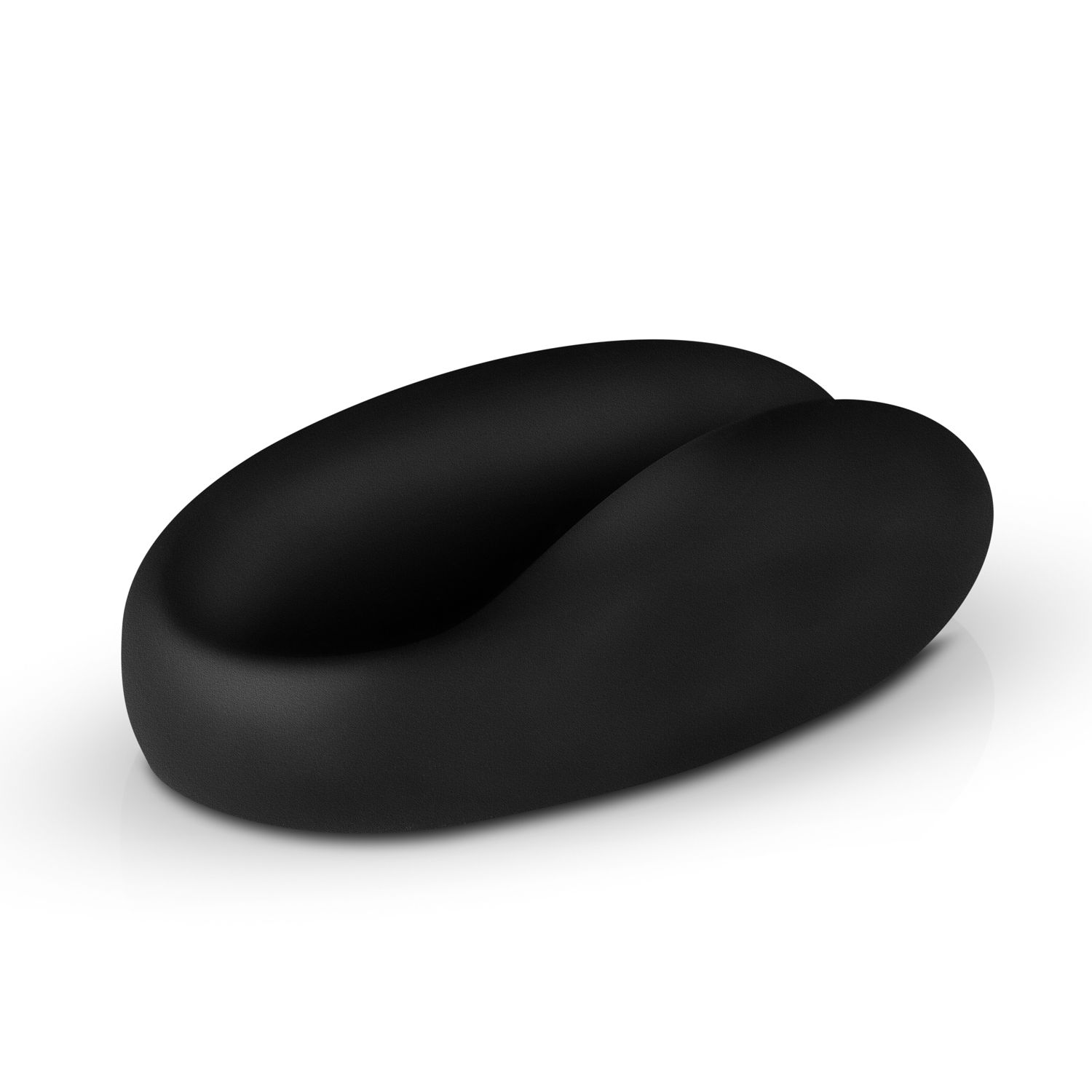 Ein schwarzes, gebogenes, bohnenförmiges Objekt auf weißem Hintergrund. Es hat eine glatte Oberfläche.