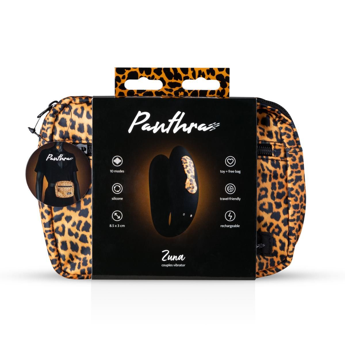 Ein schwarzes und leopardenmusterndes Paarvibrator-Set in der Verpackung. Eine schwarze Tasche daneben.