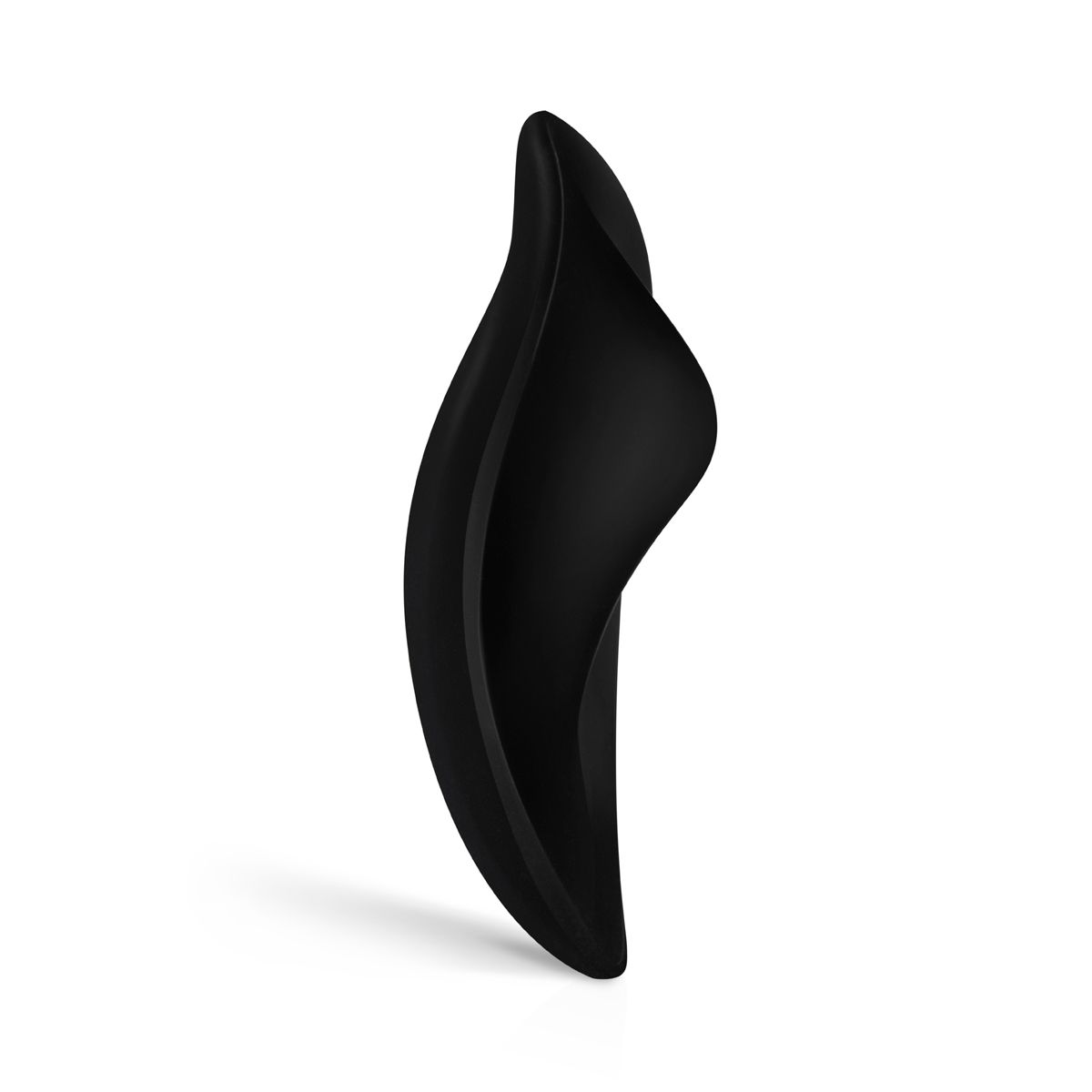 Schwarzes Sexspielzeug, gebogene Form mit glatter Oberfläche. Schatten auf weißem Hintergrund.