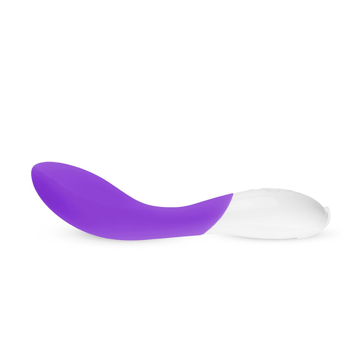 Un juguete sexual morado y blanco con un diseño curvo, colocado horizontalmente.