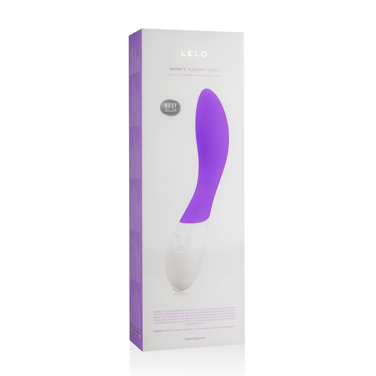 Embalaje de juguete sexual Lelo, producto morado sobre base blanca, texto blanco. Etiqueta 'Best Seller'.