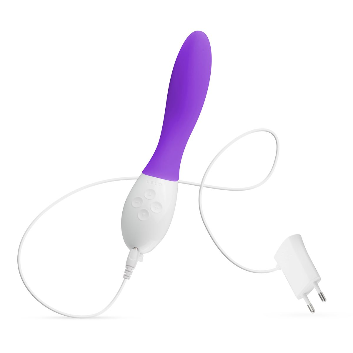 Un juguete sexual blanco y morado con cable de carga y cargador.
