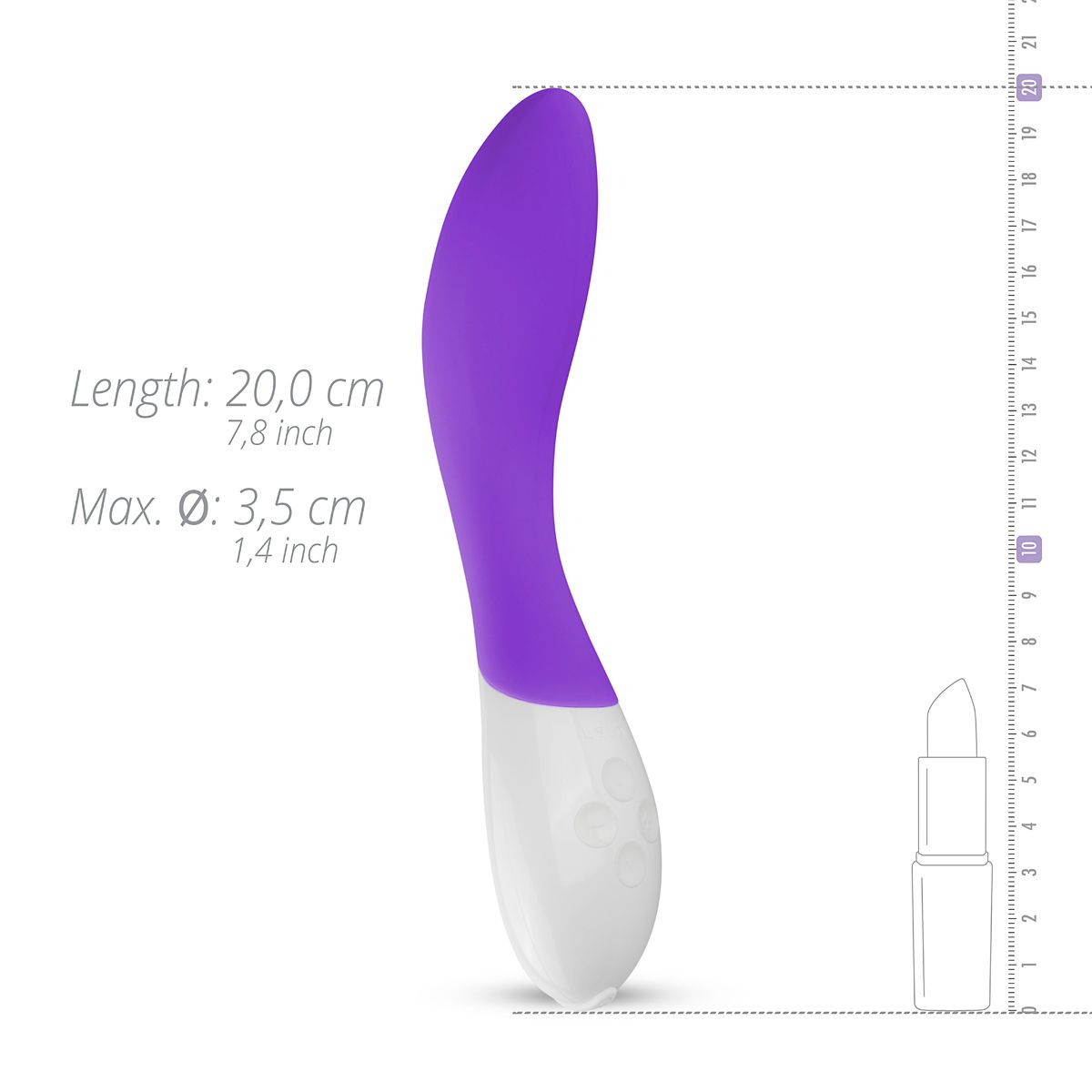 Vibrador morado y blanco con información de tamaño. Longitud: 20,0 cm (7,8 pulgadas), Max. Ø: 3,5 cm (1,4 pulgadas).