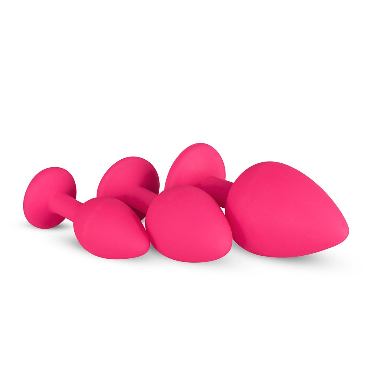 Fünf rosa Anus-Plug-Varianten auf weißem Hintergrund. Die Stecker haben eine glatte, abgerundete Form.