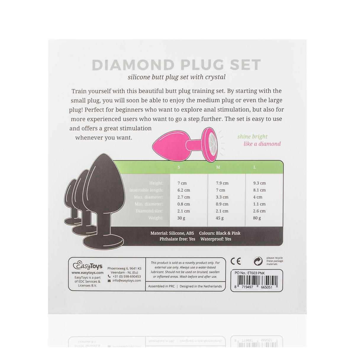 Rosa Analplug-Set mit Kristall. Enthält Größen S, M, L. Text Details Produkt- und Firmeninfo. Schwarz und Rosa.