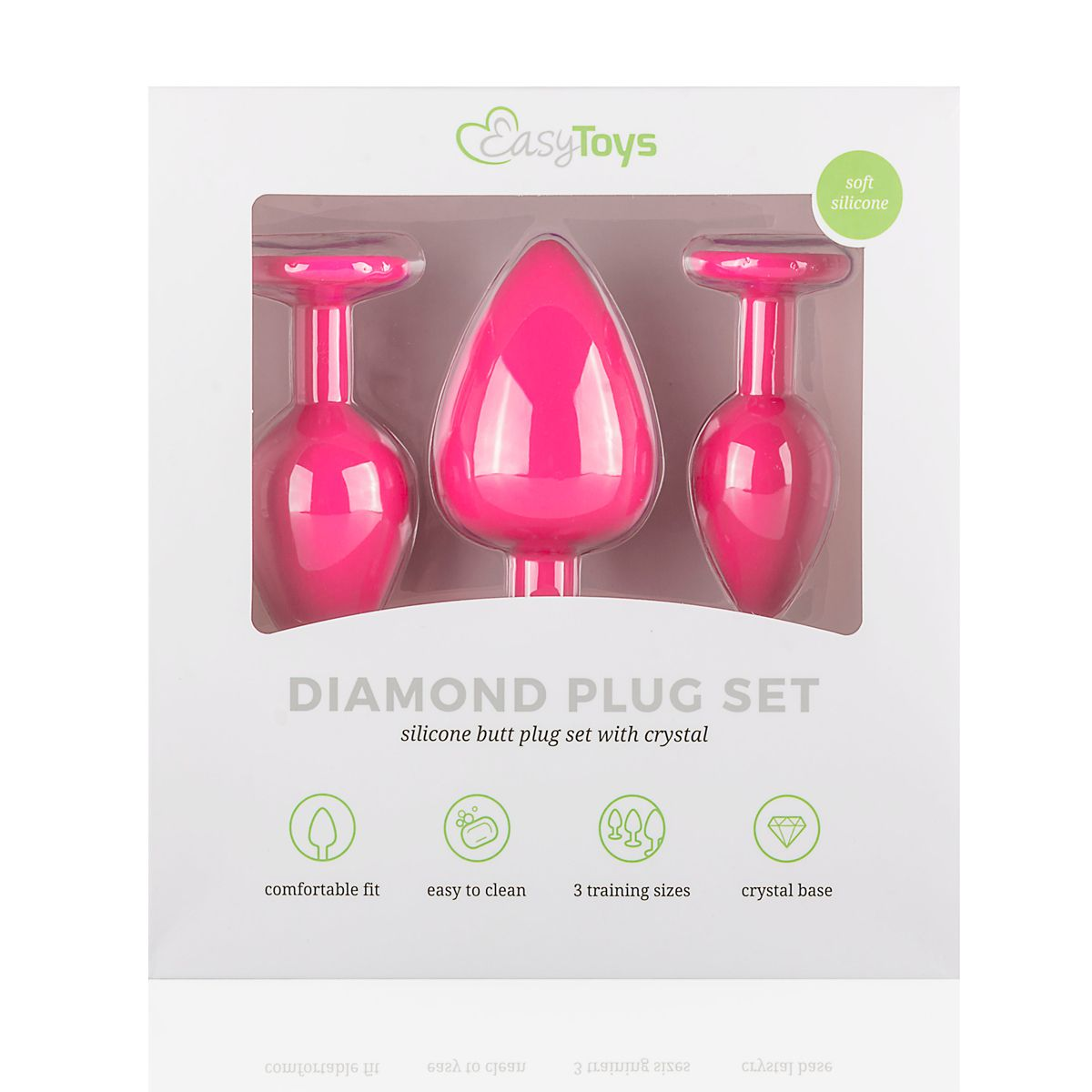Eine Schachtel enthält drei pinkfarbene Silikon-Buttplugs in Diamantenform. Auf der Schachtel steht "DIAMOND PLUG SET" und "EasyToys".