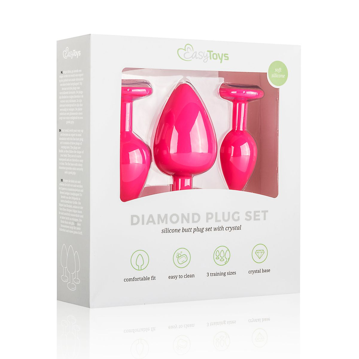 Ein pinkfarbenes Diamond Plug Set in einer Box. Es enthält drei Silikon-Butt-Plugs in verschiedenen Größen und eine Kristallbasis.