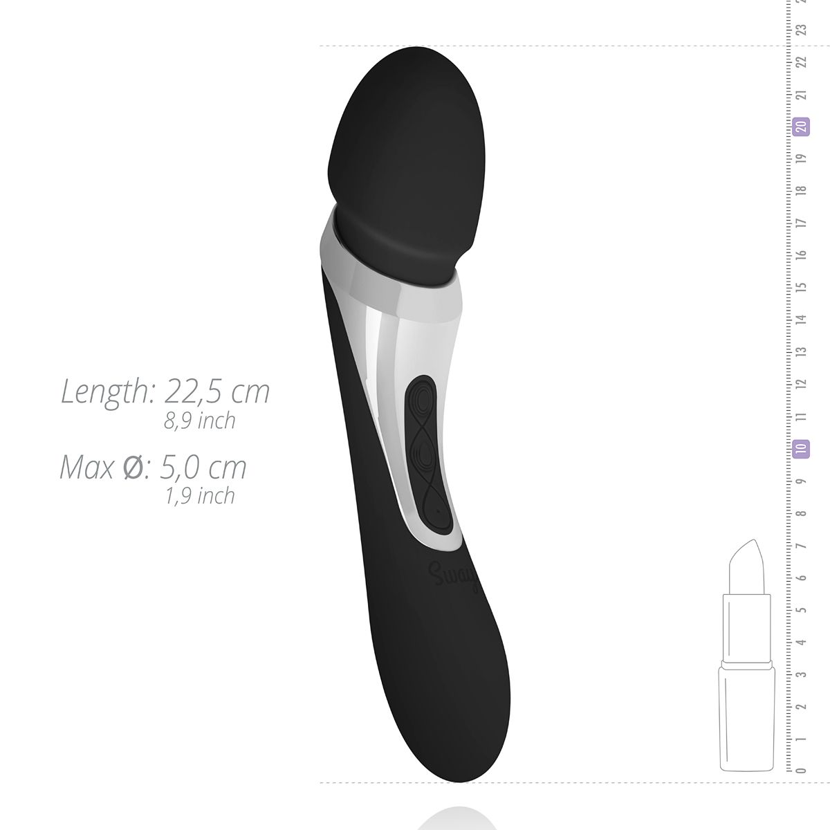 Schwarz-silbernes Sexspielzeug mit Abmessungen, einem Lineal und einem Lippenstift zum Maßstab. Weißer Hintergrund.