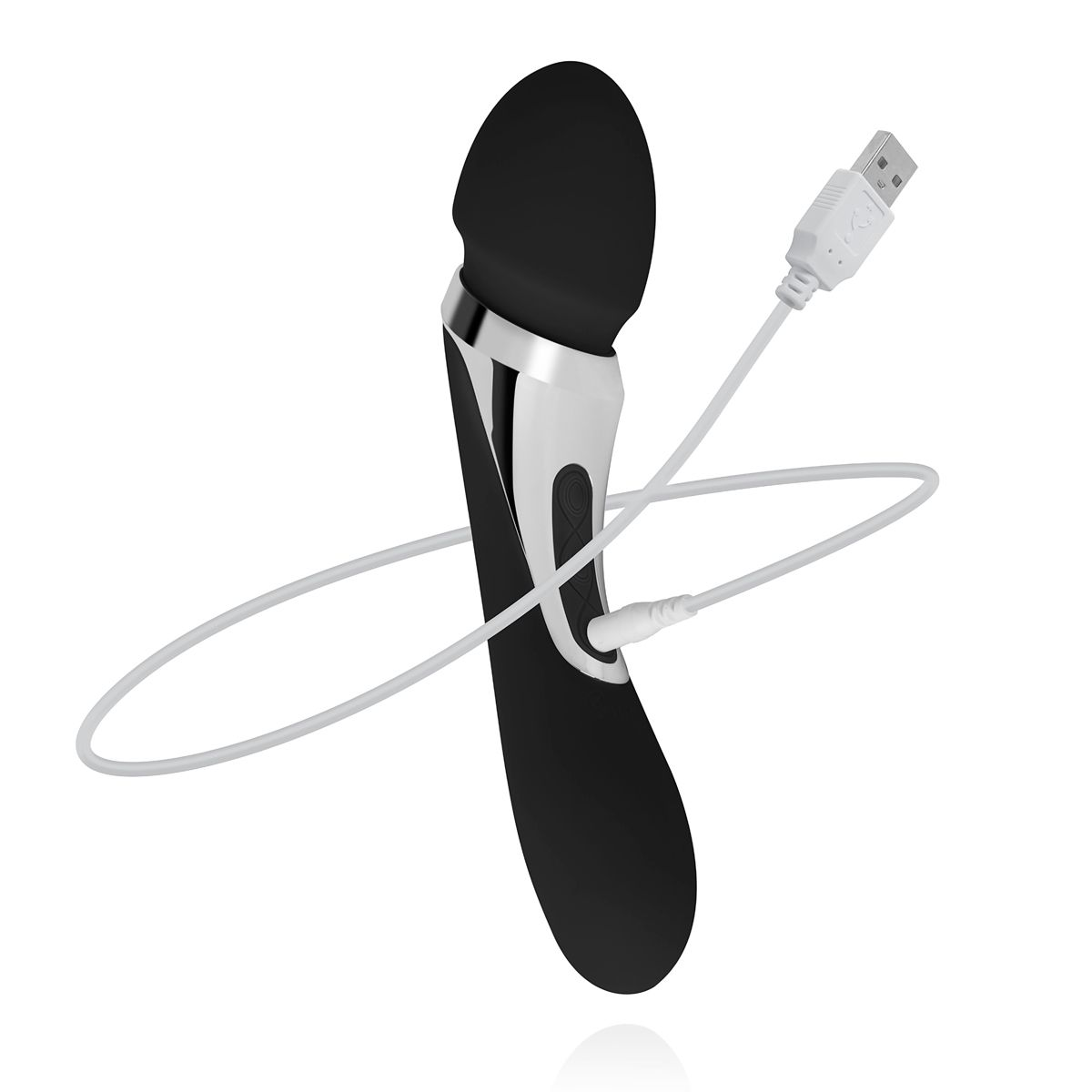 Schwarz-silbernes Sexspielzeug mit USB-Kabel. Weißer Hintergrund.