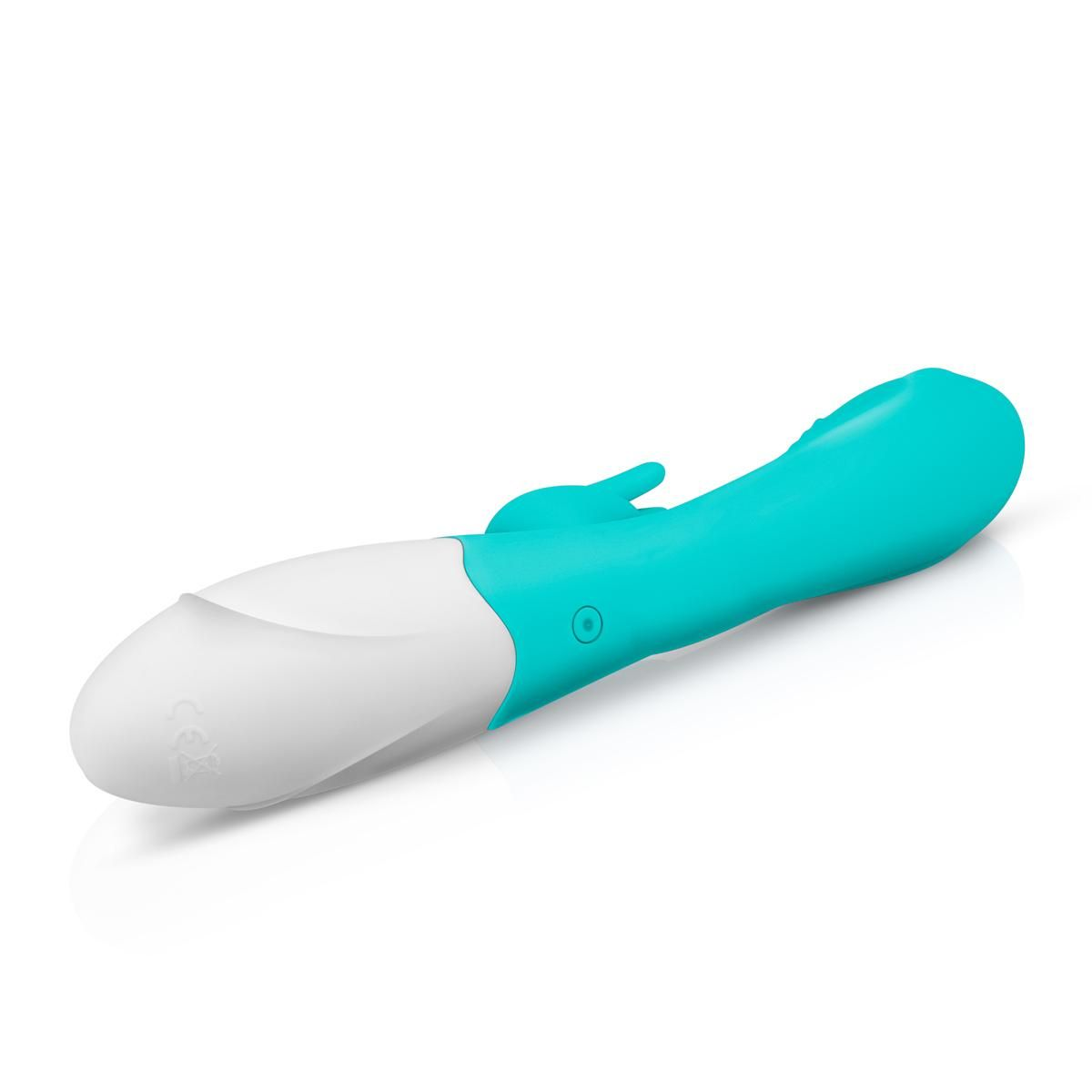 Türkis-weißer Vibrator, Produktaufnahme vor weißem Hintergrund.