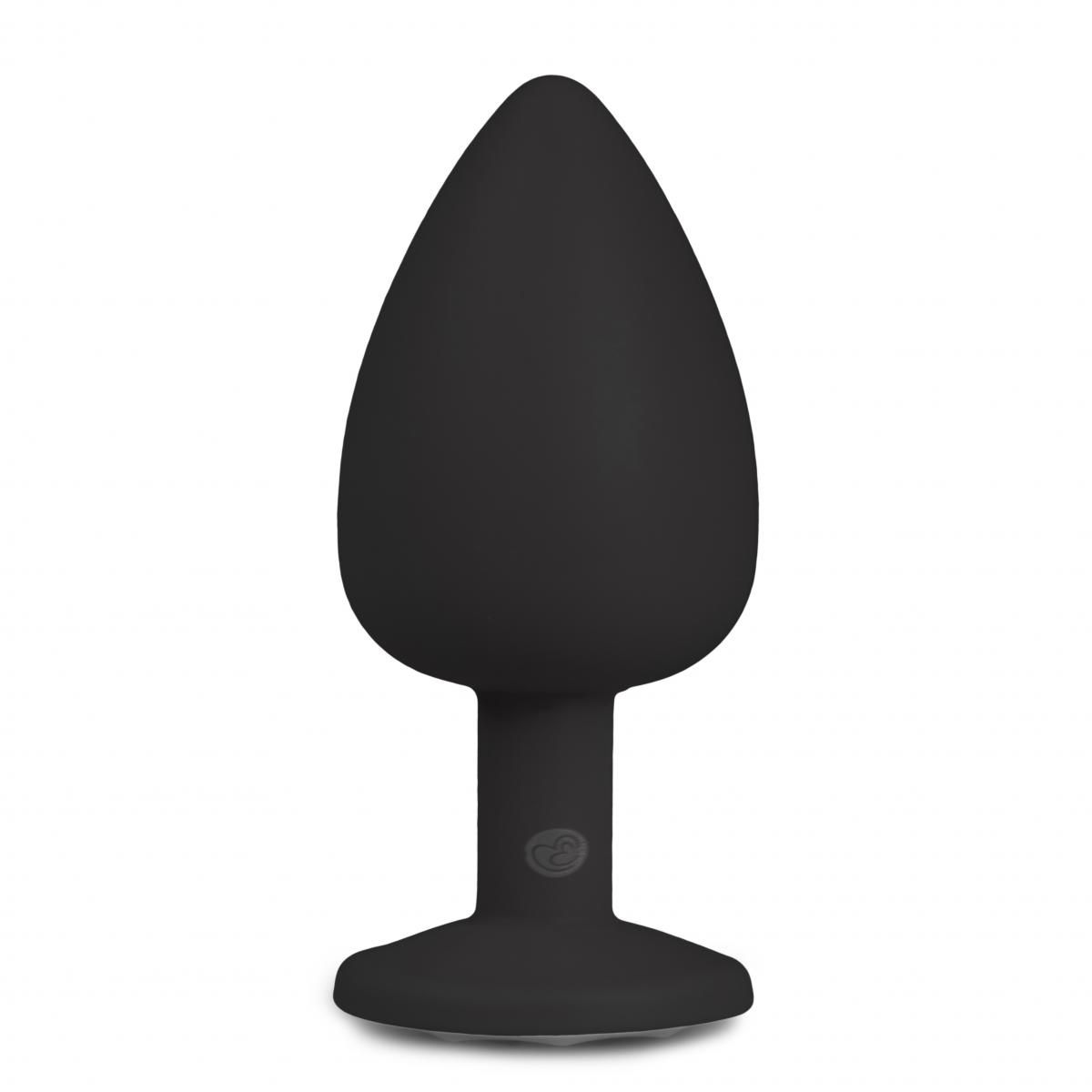 Ein schwarzer, tropfenförmiger Analplug. Er hat einen ausgestellten Boden und eine glatte, abgerundete Spitze. Der Hintergrund ist weiß.
